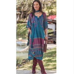 Sundance La Villette Luxe Boho Paisley Floral Tunic Midi Satin Shirt Dress
